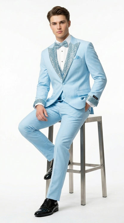 Sky Blue Prom Tuxedo - Perfect Wedding Suit Vested Rhinestone sequin Lapelled