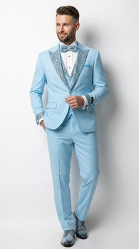 Mens Light Blue 3 Piece Prom Tuxedo – Sky Blue Formal Suit with Sequin Lapel Wedding Party Tuxedo Set in Baby Blue
