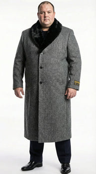 Men's Grey Herringbone Tweed Long Overcoat with Black Faux Fur Collar, Classic Winter Topcoat - Image 7