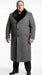 Men's Grey Herringbone Tweed Long Overcoat with Black Faux Fur Collar, Classic Winter Topcoat