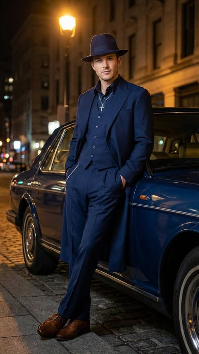 Men’s Navy Blue 1920s Zoot Suit – Long Mafia Gangster Three-Piece Vintage Costume Set Zuit Pachuco Style