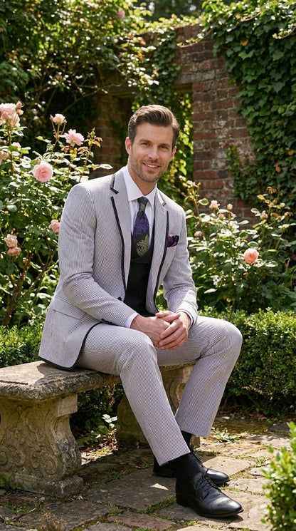 Mens Black and White Pinstripe Wedding Tuxedo Suit – Three Piece Formal Suit Set with Contrast Trim for Groom, Prom - Seersucker Summer Suit