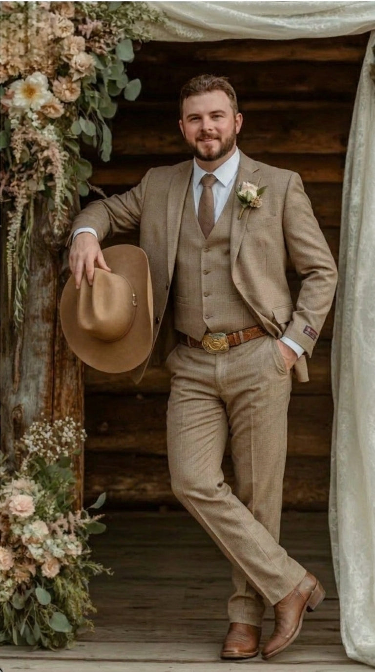 Mens Sharkskin Dark Taupe Tan with sheen Western 3 Piece Suit – Classic Country Style Blazer Vest Pants Set, Formal Cowboy Suit Outfit