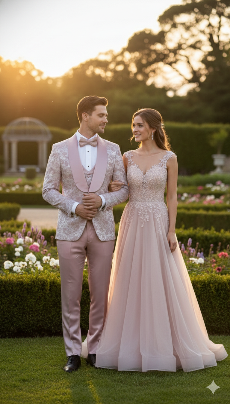 Men’s Light Pink Dusty Rose -  Floral Tuxedo Suit – Luxury Satin Shawl Lapel 3-Piece Formal Wedding and Prom Suit in Blush Mauve color