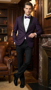 Men’s Eggplant Plum Purple Tuxedo Blazer with Satin Lapel, White Tuxedo Shirt and Matching Purple Bow Tie - Slim Fitted - Prom wedding Suit With Pants