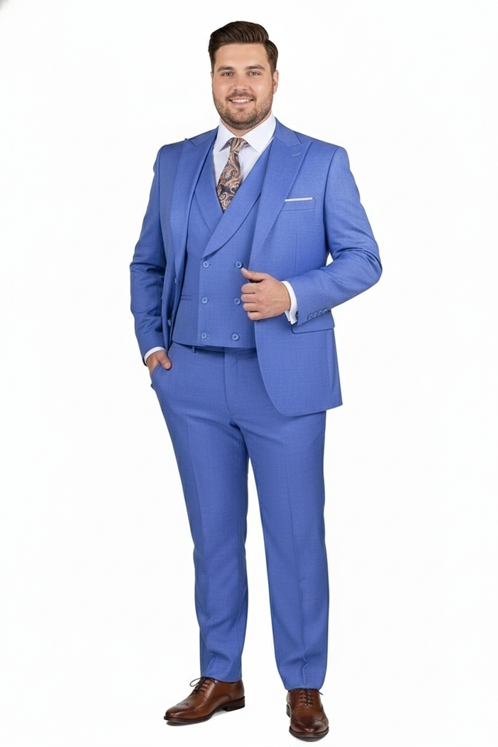 Men’s Light Blue Double-Breasted 3-Piece Suit Set – Tailored Fit Formal Business Suit in Steel Blue Sky Blue Color Modern Fit