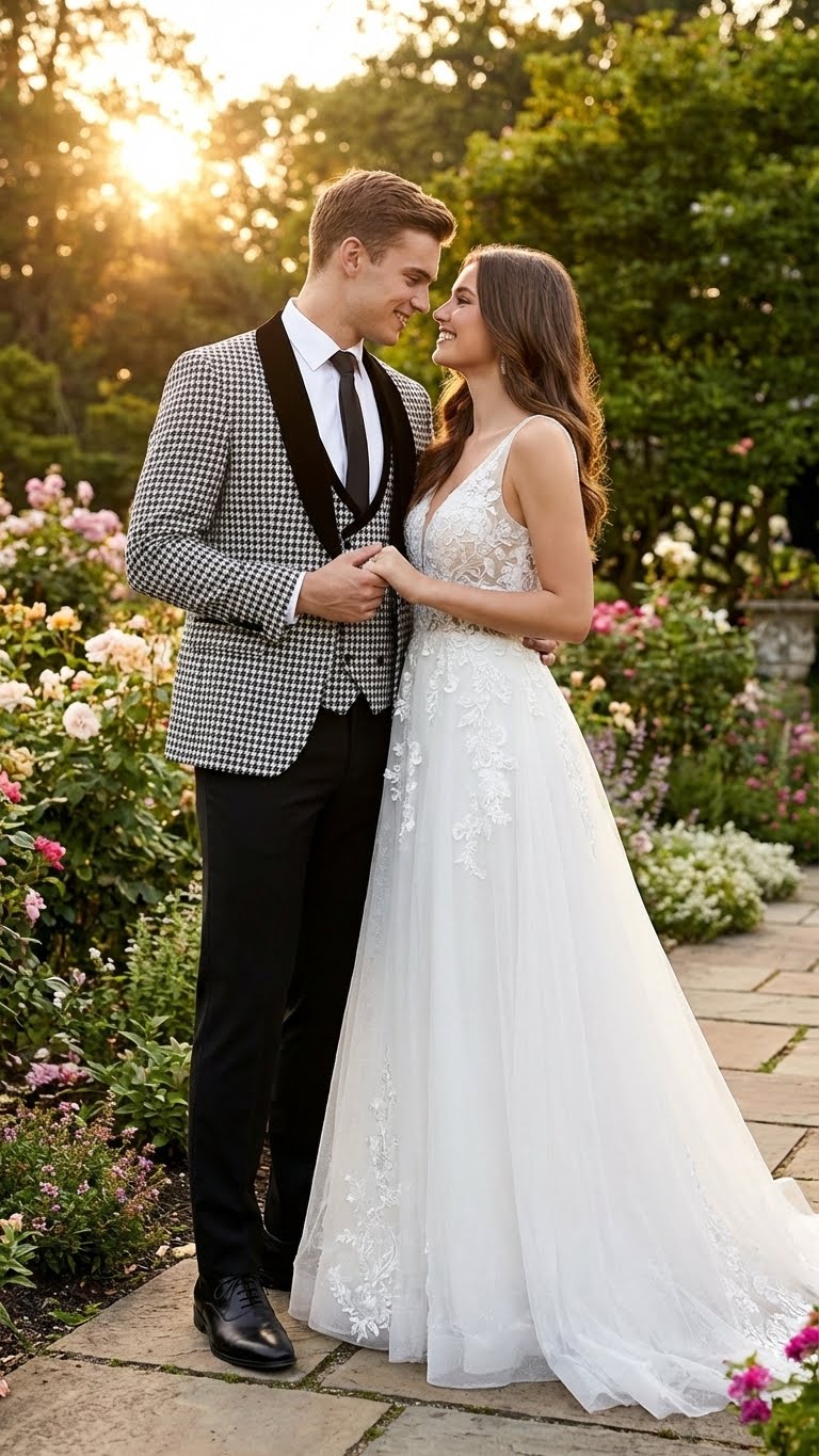 Men’s Black and White Houndstooth Tuxedo Set with Velvet Shawl Lapel | 3-Piece Formal Suit with Black Double-Breasted Vest