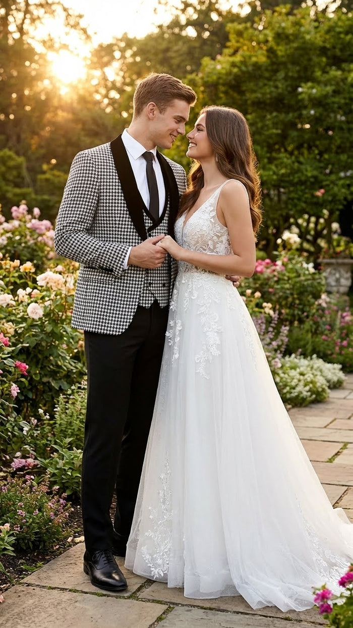 Men’s Black and White Houndstooth Tuxedo Set with Velvet Shawl Lapel | 3-Piece Formal Suit with Black Double-Breasted Vest