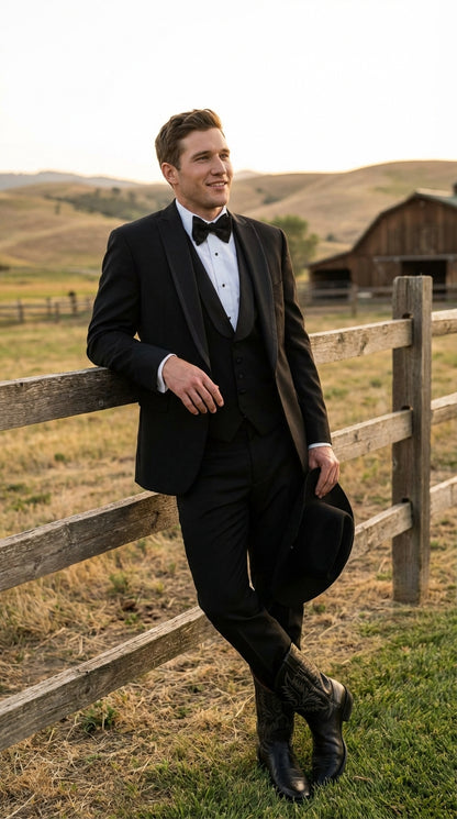 Black Western Tuxedo for Men | Classic Three Piece Formal Wedding Peak Lapel with Trim Collar Cowboy Suit - Image 7