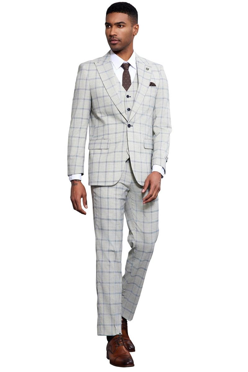 Men's Stacy Adams One Button Peak Lapel Vested Windowpane Plaid Suit in Grey & Blue - Image 2