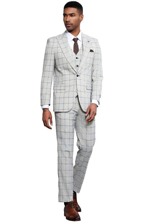 Men's Stacy Adams One Button Peak Lapel Vested Windowpane Plaid Suit in Grey & Blue - Image 2