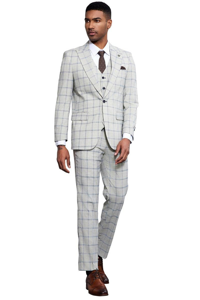 Men's Stacy Adams One Button Peak Lapel Vested Windowpane Plaid Suit in Grey & Blue - Image 2