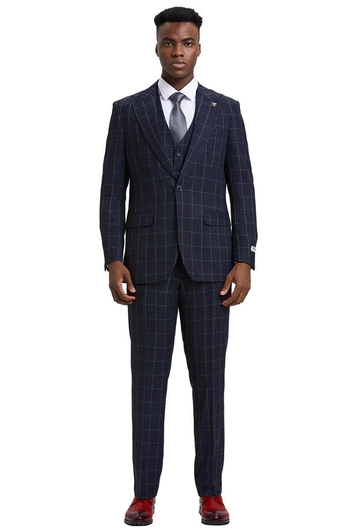 Men's Stacy Adams Vest Classic Bold Windowpane Suit in Navy Blue - Image 2