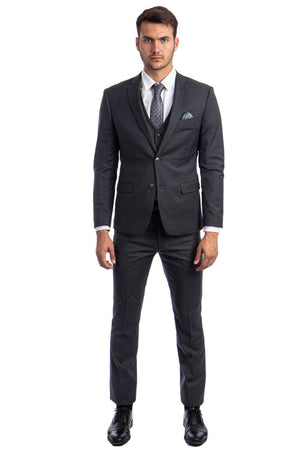 Graduation Suit - Men's Two Button Slim Fit Vested Solid Basic Color Suit in Charcoal Grey - Image 2