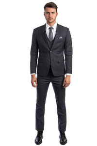Graduation Suit - Men's Two Button Slim Fit Vested Solid Basic Color Suit in Charcoal Grey