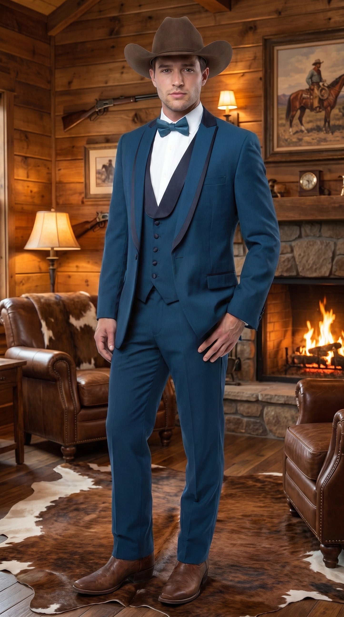 Men’s Teal Blue Western Tuxedo Suit, 3 Piece Cowboy Formal Wedding Prom Suit with Black Shawl Lapel Saphire