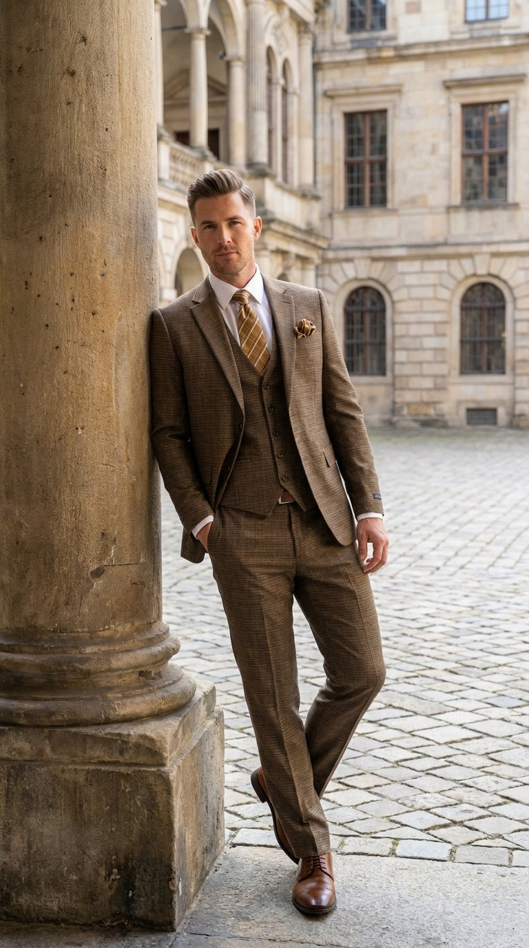 Men's Great Gatsby Brown Checker Plaid Texture 3-Piece Suit – Classic Fit Business, Wedding & Formal Suit Set - Victorian style 1920s