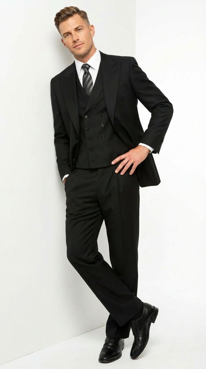 Tiglio Mens Black 3 Piece Suit – Single Button Classic Fit Pleated Wide Leg Pants Formal Business Chruch Suit - 100% Wool