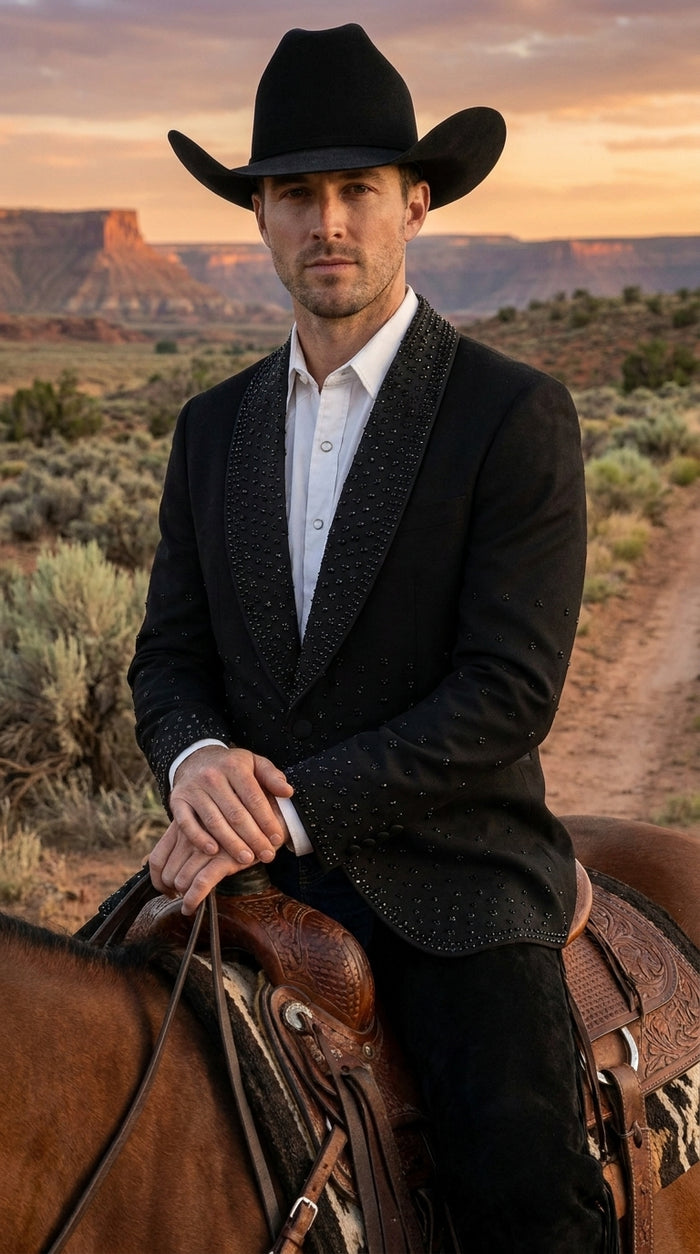 Men’s Black Western Blazer – Cowboy Tuxedo Jacket with Studded Shawl Collar with Glitter Lapel Rhinestone Lapel