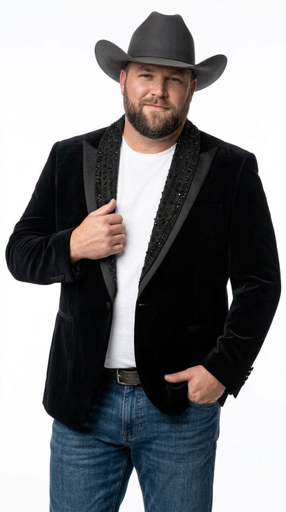 Men’s Black Velvet Western Blazer – Rhinestone Formal Cowboy Sport Jacket Removable Rhinestone Glitter Lapel
