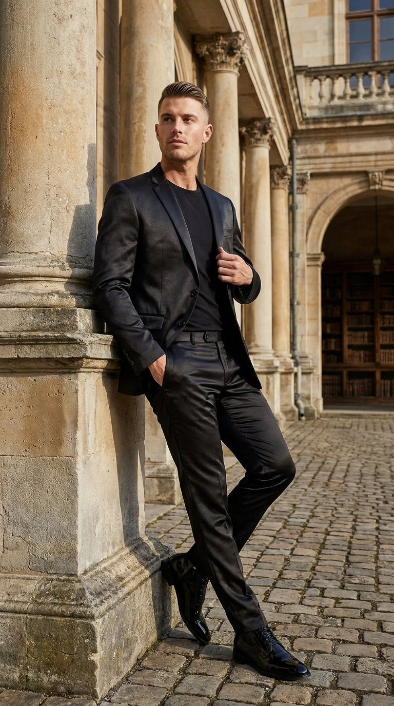 Men’s Black Shiny Sharkskin 2 Piece Suit, Formal Wedding Prom Party Dress Suit  Modern Fit