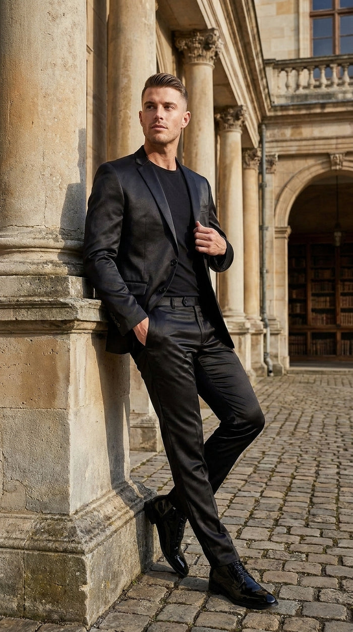 Men’s Black Shiny Sharkskin 2 Piece Suit, Formal Wedding Prom Party Dress Suit  Modern Fit