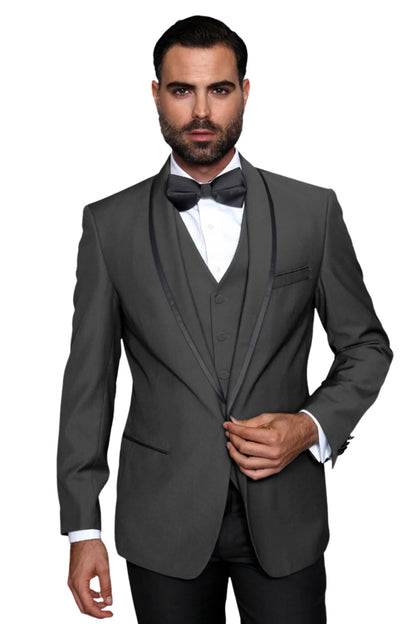 3-Piece Tailored Fit Wool Suit with Bow Tie and Flat Front Pants - Charcoal Modern Fit