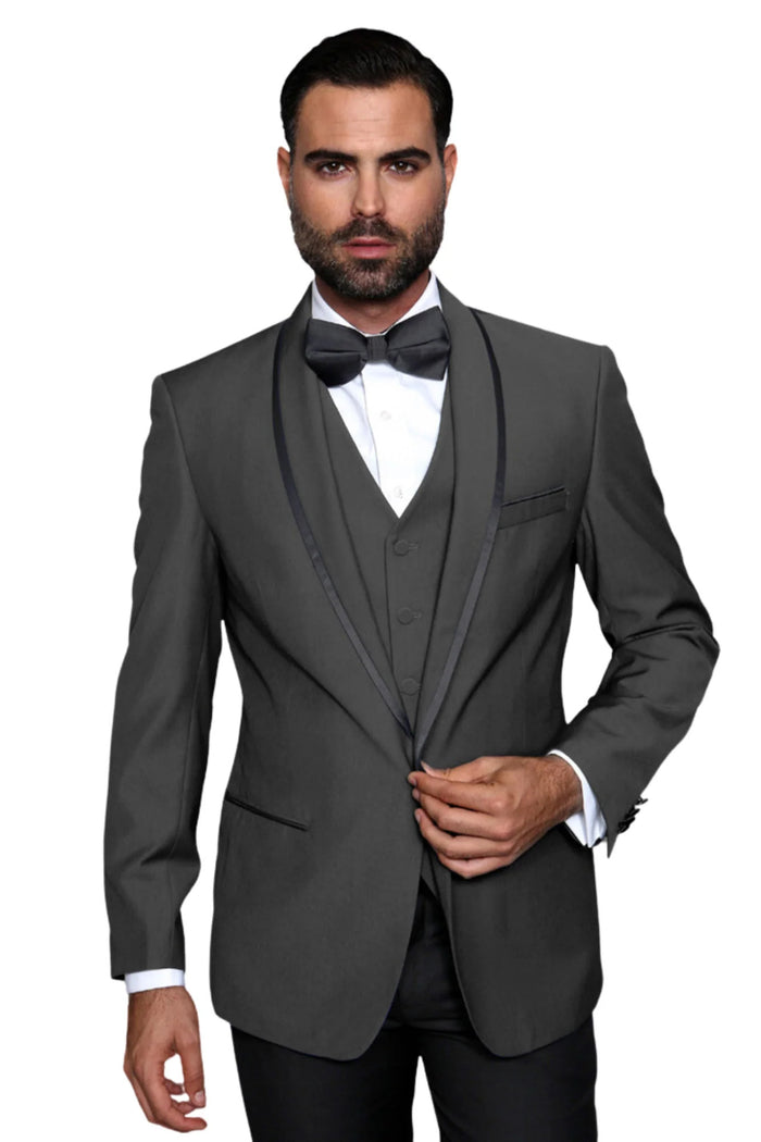 3-Piece Tailored Fit Wool Suit with Bow Tie and Flat Front Pants - Charcoal Modern Fit