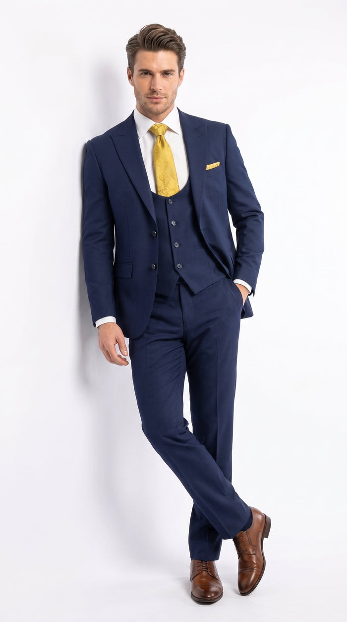 Mens Vitali 3 Piece Suit W/Scoop Vest Navy Blue 3-Piece Suit – Big Peak Lapel  Vest and Pants Two Buttons  Modern Fit