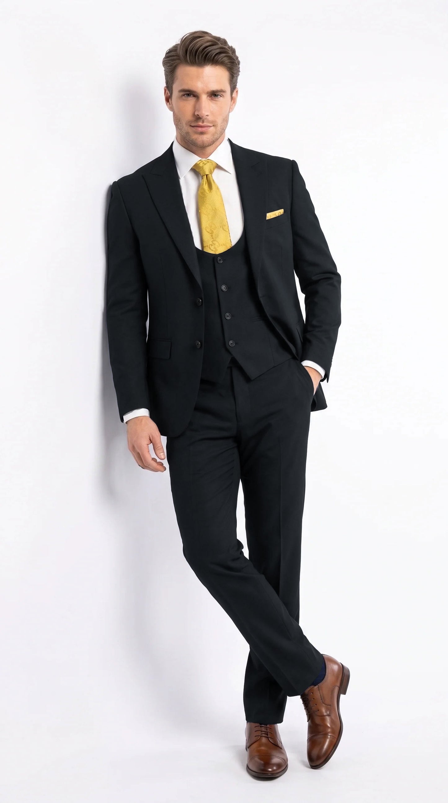 Vitali Men's Modern Fit 3-Piece Black Suit – 2-Button Jacket with Scoop Neck Vest