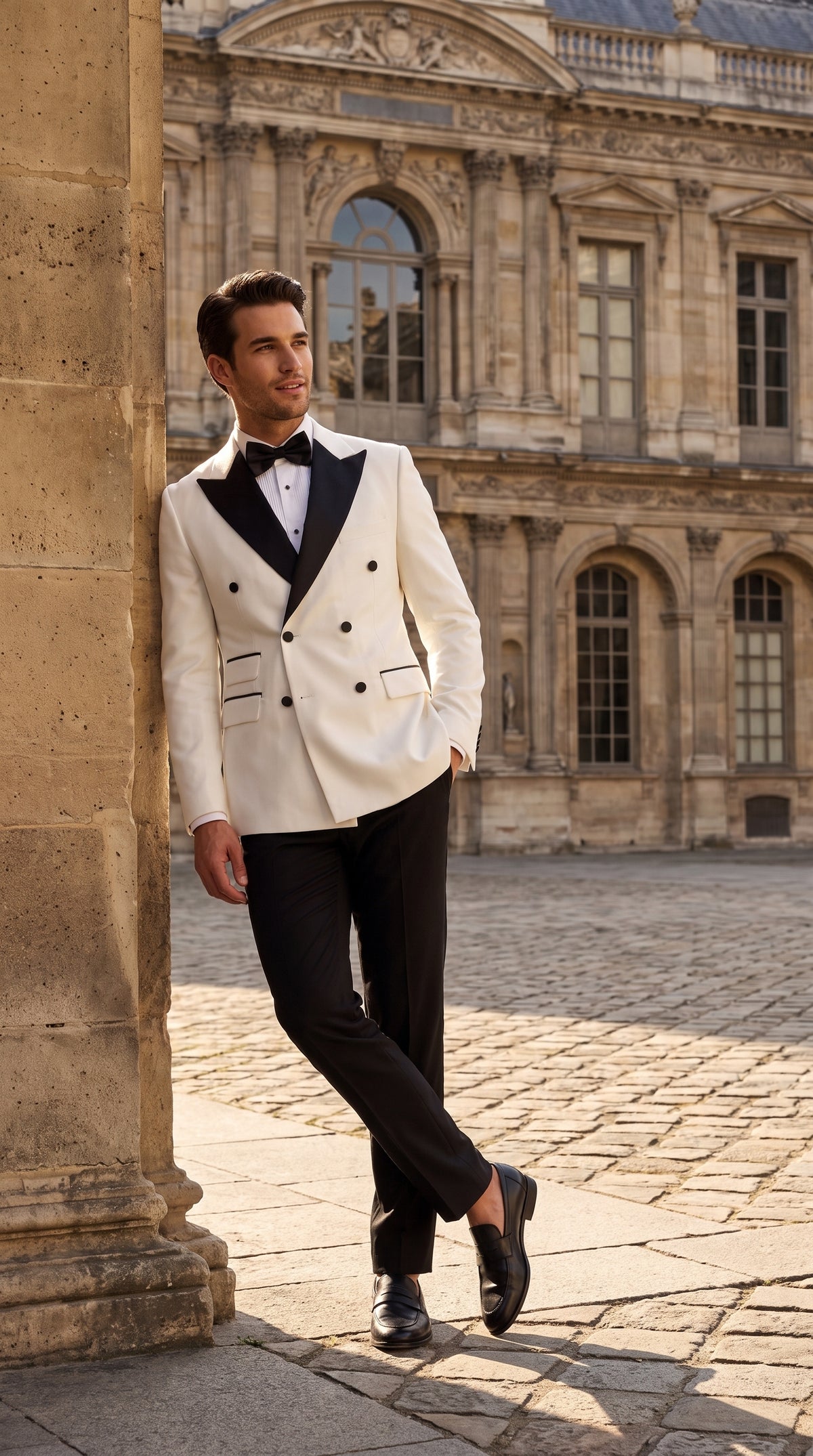 Men’s Vintage Hollywood WHITE/BLACK Double-Breasted Tuxedo – Black Peak Lapel Wedding and Formal Suit