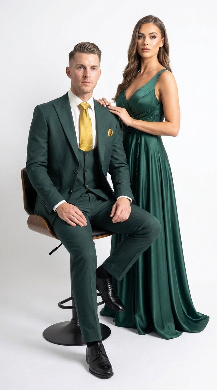 Mens Vitali 3 Piece Suit W/Scoop Vest Hunter Green 3-Piece Suit –, Big Peak Lapel  Vest and Pants  Two Buttons Modern Fit