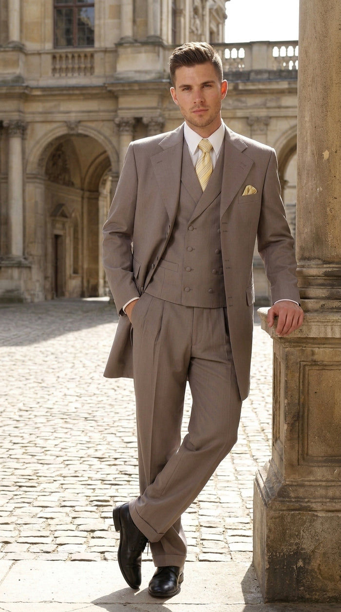 Men’s Light Kahki Sand 3-Piece Suit – Six-Button Jacket with Double-Breasted Vest and Pleated Pants Tan color Modern Fit
