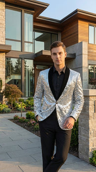 black and silver formal dress men's Men's Fashion Silver Peony Jacquard Black Tuxedo, Black / 34R