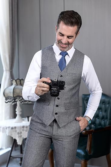 Mens Vintage Tweed Dress Pants Slacks Trousers Regular Fit Suit Pants in Grey - view 2