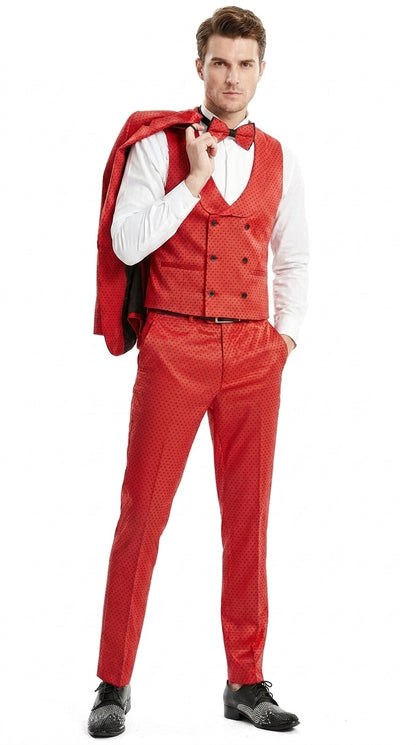 Tazio Men’s Cherry Red and Black  Polka-Dot 3-Piece Suit – Skinny Fit Prom, Wedding and Party Suit or Tuxedo