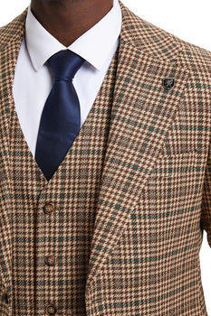 Men's Stacy Adams Vested Modern Fit Houndstooth Glen Plaid Suit in Camel & Green - Image 6