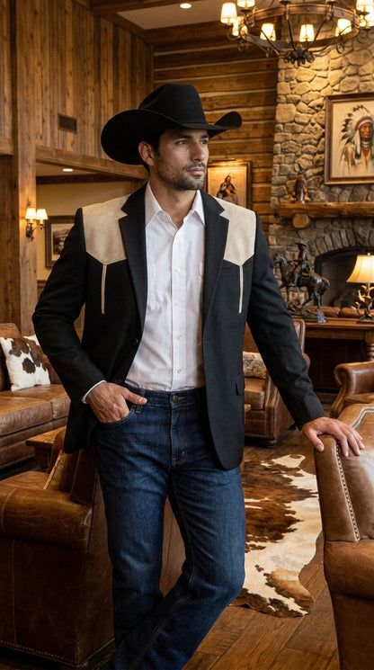 Men’s Black & Bone Tan Western Blazer – Cowboy Sport Coat with Suede Yoke for Rodeo, Ranch & Country Wear