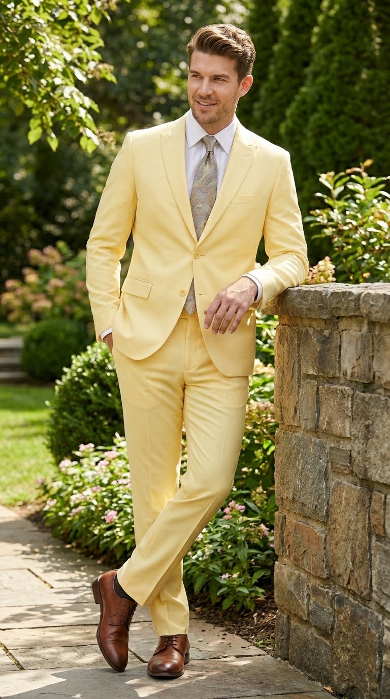 Men’s Pale Yellow 2 Piece Suit, Formal Dress Suit for Weddings, Prom, Parties, Summer Events, and Special Occasions By Vitali Modern Fit