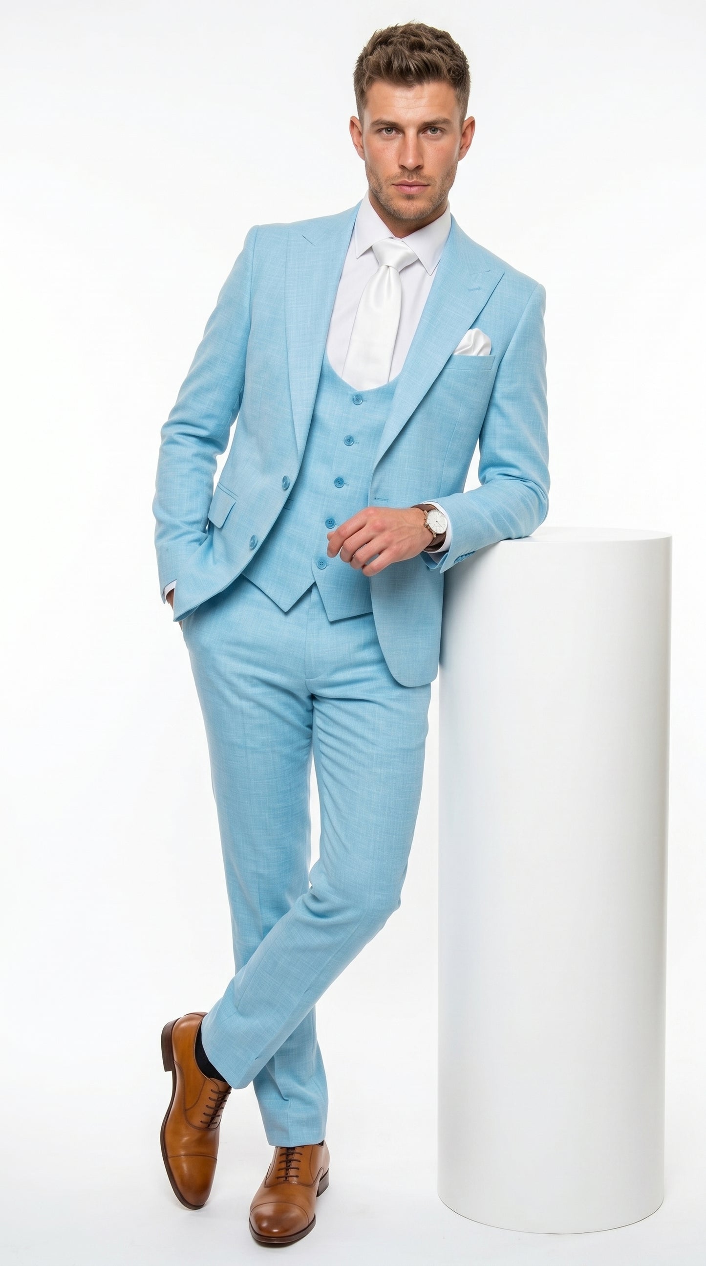 Men’s Turquoise Light Blue Suit, Vested Formal Dress Suit for Weddings, Prom, Summer Parties, and Special Occasions in Aqua Blue Color By Rossiman