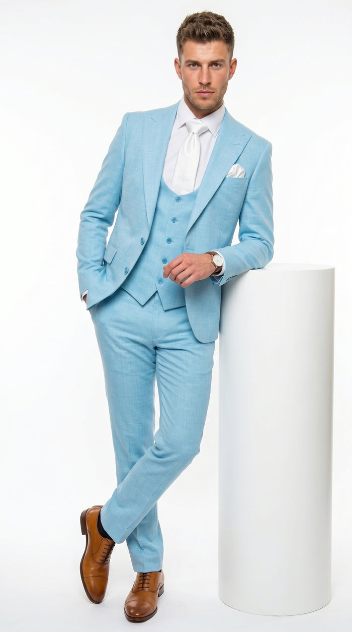 Men’s Turquoise Light blue Suit, Vested Formal Dress Suit for Weddings, Prom, Summer Parties, and Special Occasions in Aqua Blue Color By Rossiman Modern Fit