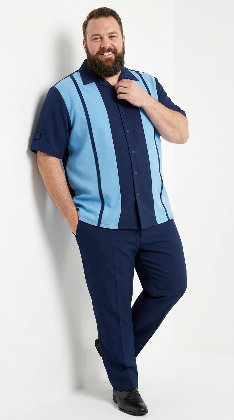Men’s Navy and Sky Blue Walking Suit – 2-Piece Short Sleeve Casual Leisure Outfit
