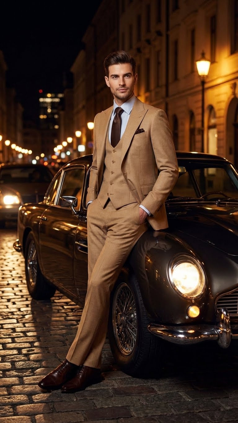 Men's Tan Three-Piece Suit with Vest – Classic Tailored Fit  in camel khaki Bronze color By Rossiman - Image 8