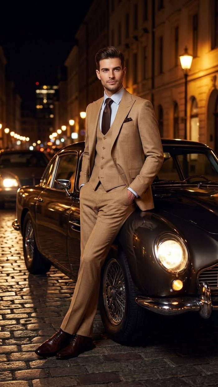Men's Tan Three-Piece Suit with Vest – Classic Tailored Fit  in camel khaki Bronze color By Rossiman - Image 8