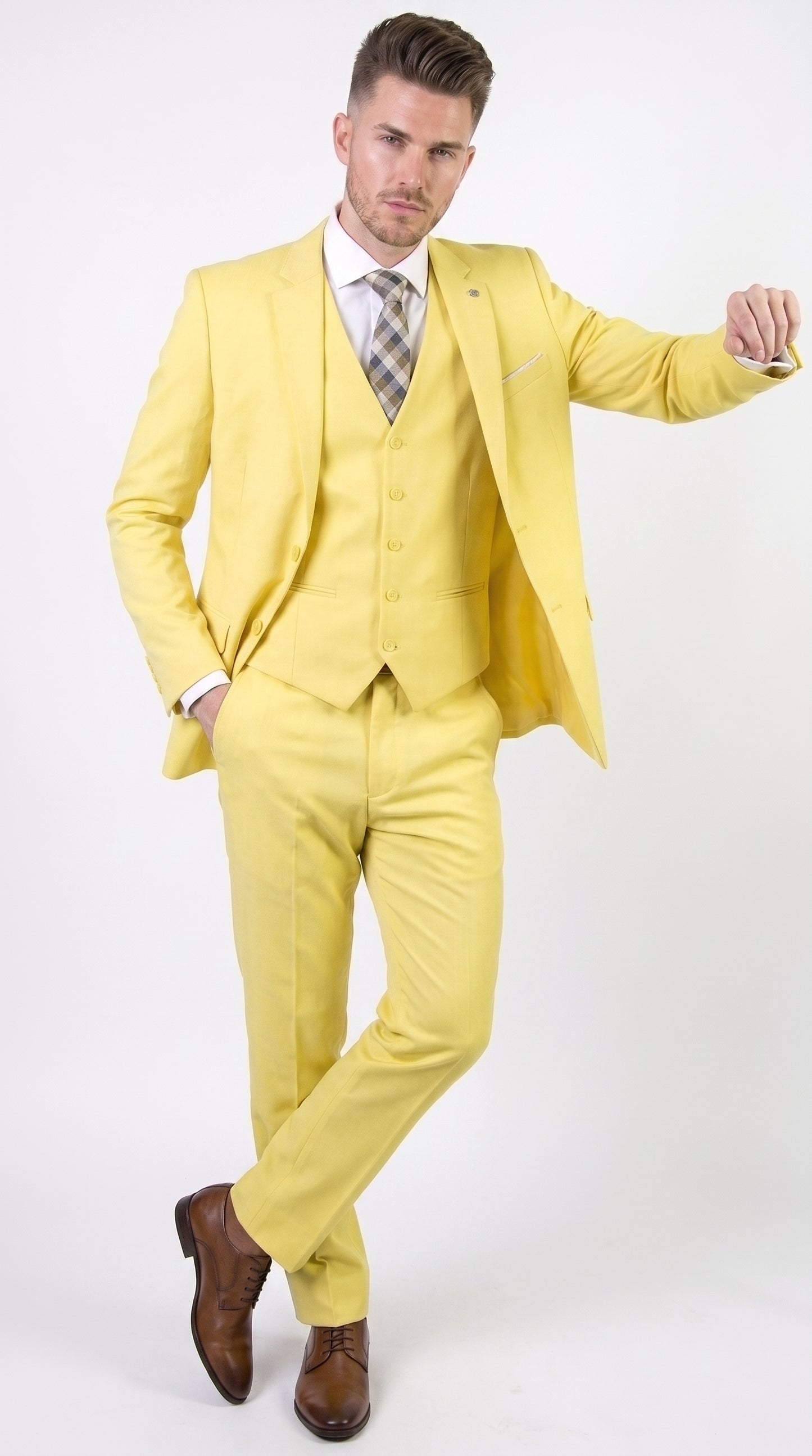 Men’s Neon Yellow Wool Suit – Bright Yellow 3-Piece Wedding, Prom & Formal Suit with Vest By Statement