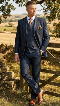Men’s Dark Denim Blue Fabric Suit – Classic Three Piece Denim Suit for Wedding, Party and Formal Events