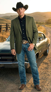 Men’s Olive Green Western Blazer Jacket, Classic Cowboy Style Sport Coat for Casual Formal Wear with Jeans