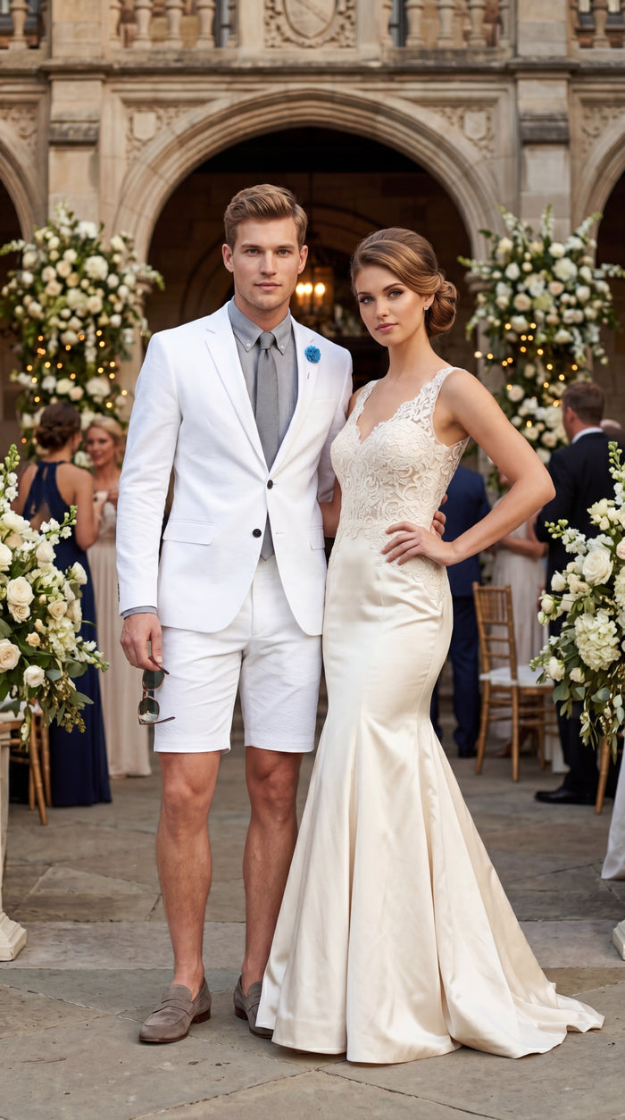 Men’s Cotton Fabric White 2 Piece Summer Suit with Shorts, Casual Beach Wedding and Resort Formal Outfit Modern Fit