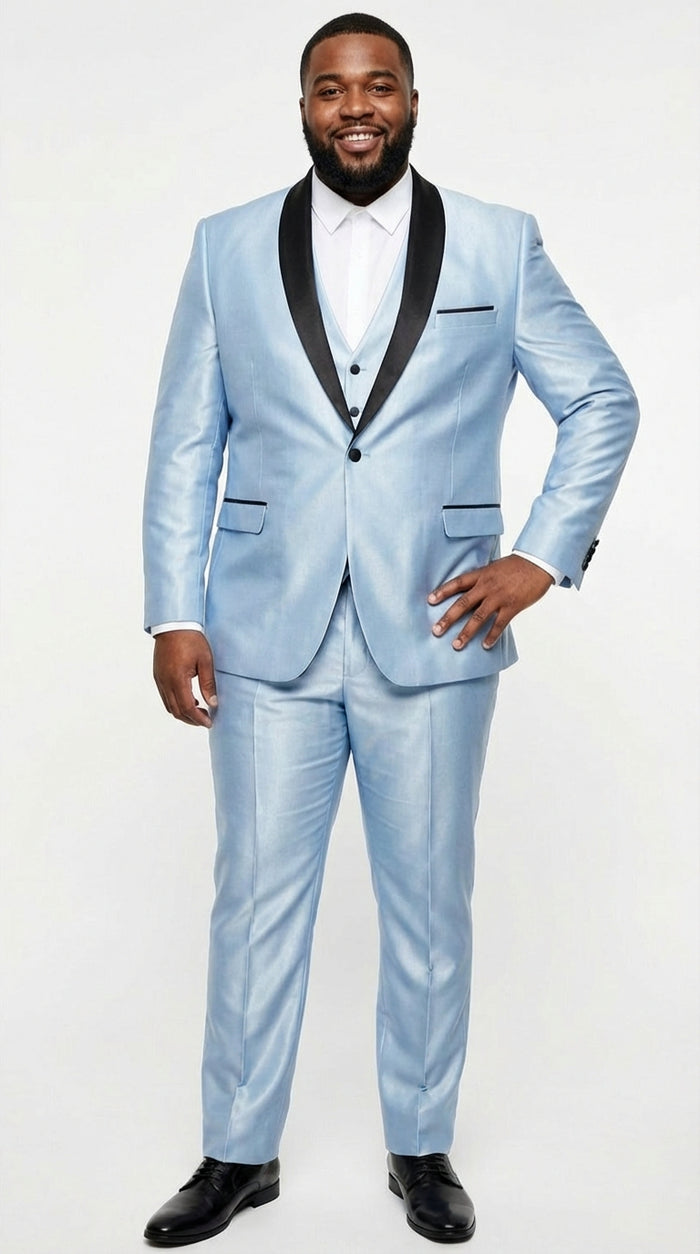 Men’s Light Blue Shiny 3 Piece Suit with Black Shawl Lapel | Formal Wedding Prom Suit - Sateen Sharskin Suit Modern Fit