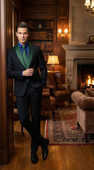 Men’s Black Suit with Hunter Green Shawl Lapel – Black and Hunter Green Formal Tuxedo Suit for Wedding, Prom With Bow Tie